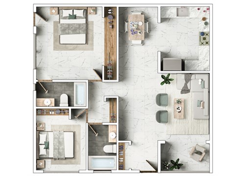 A top-down view of a modern, minimalist apartment layout.
